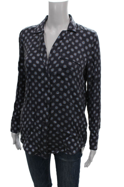 Equipment Femme Womens Silk Geometric Button Up Blouse Dark Blue Size XS
