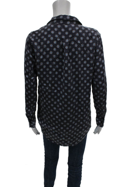 Equipment Femme Womens Silk Geometric Button Up Blouse Dark Blue Size XS