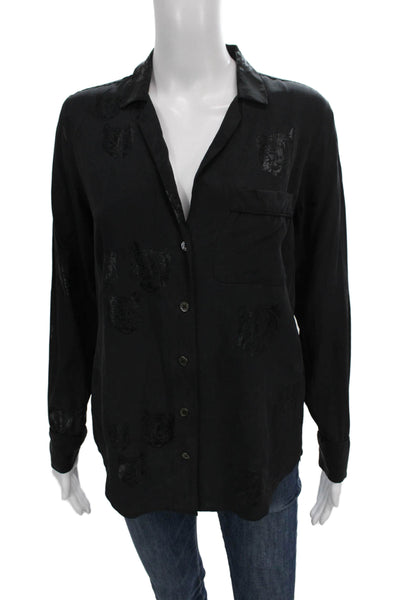 Equipment Femme Women Black Animal Print Cotton Button-Up Top Size XS Petite