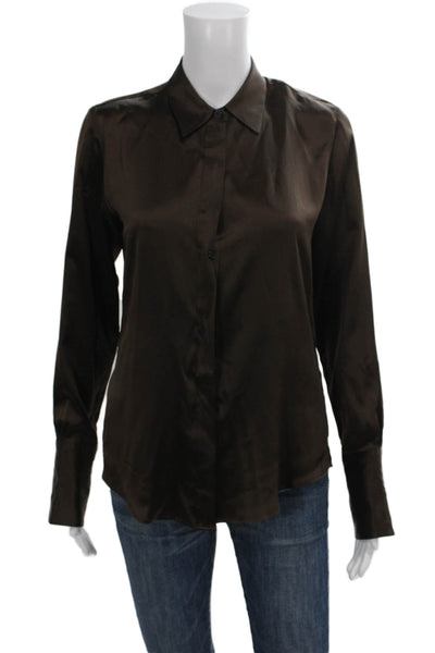 Nili Lotan Women 100% Silk Button Up Blouse Brown Collared Long Sleeve Size S
