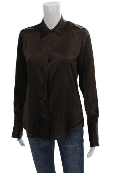 Nili Lotan Women 100% Silk Button Up Blouse Brown Collared Long Sleeve Size S
