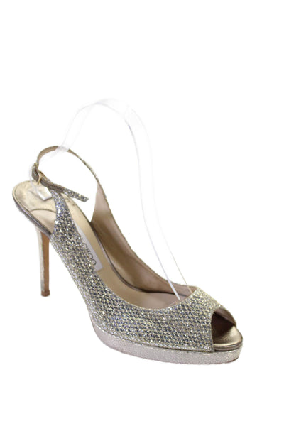 Jimmy Choo Womens Sequined Peep Toe Slingbacks Pumps Silver Gold Size 39 9