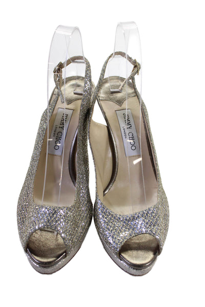 Jimmy Choo Womens Sequined Peep Toe Slingbacks Pumps Silver Gold Size 39 9