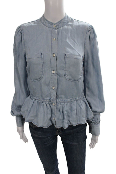 Frame Denim Womens Light Blue Tencel Button Up Blouse High Neck Size S