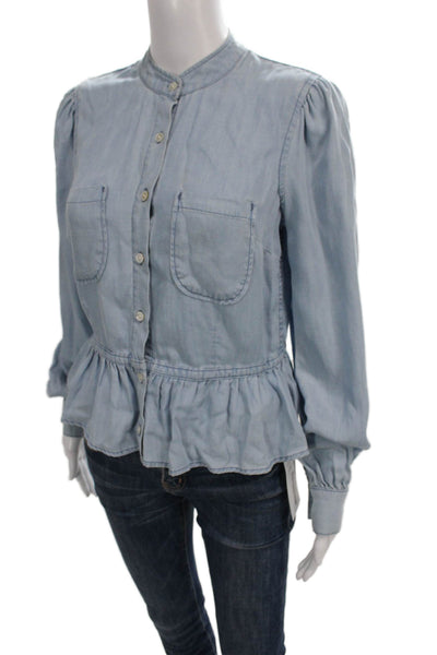 Frame Denim Womens Light Blue Tencel Button Up Blouse High Neck Size S