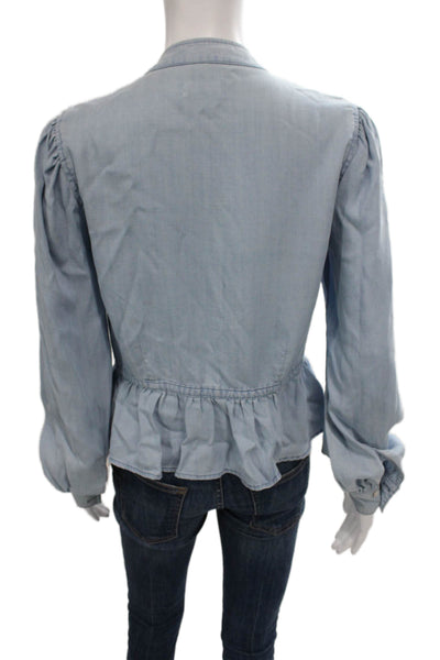 Frame Denim Womens Light Blue Tencel Button Up Blouse High Neck Size S