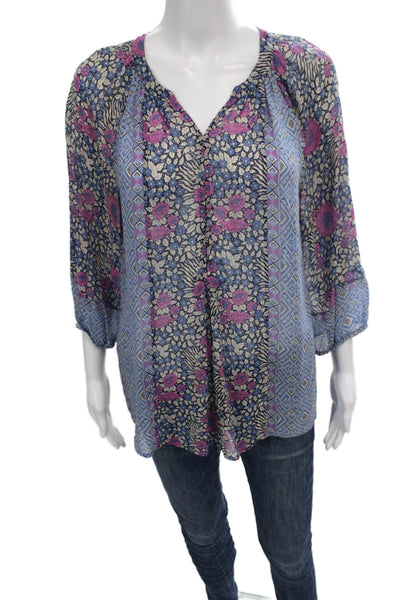 Joie Women Floral Silk V Neck Tunic Blouse 3/4 Sleeve Blue Bohemian Size S