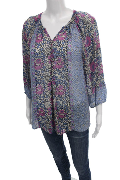 Joie Women Floral Silk V Neck Tunic Blouse 3/4 Sleeve Blue Bohemian Size S