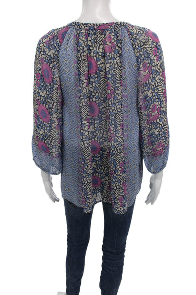 Joie Women Floral Silk V Neck Tunic Blouse 3/4 Sleeve Blue Bohemian Size S