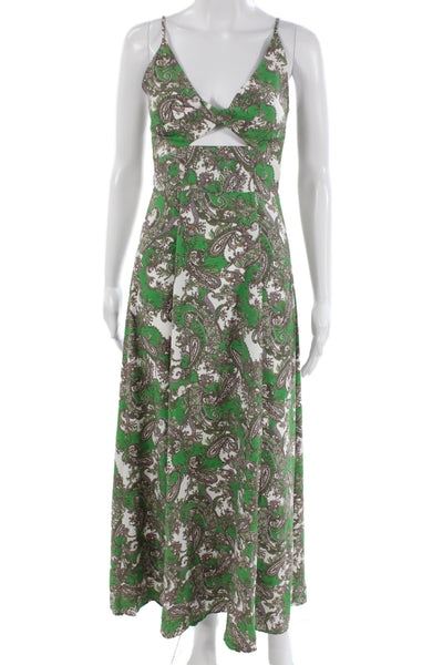 L'Agence Women Green Paisley Maxi V-Neck Sundress Sleeveless Size 0
