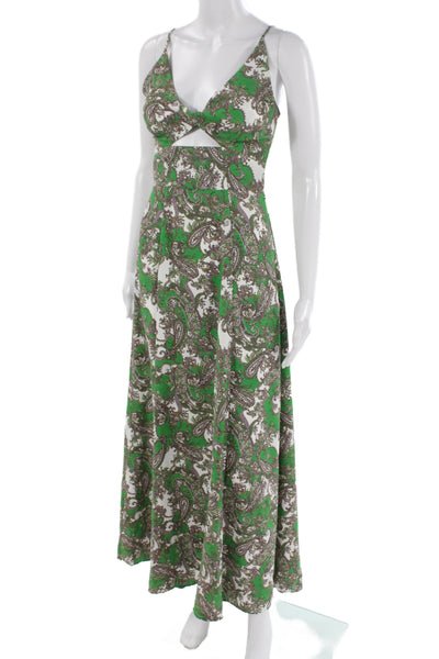 L'Agence Women Green Paisley Maxi V-Neck Sundress Sleeveless Size 0