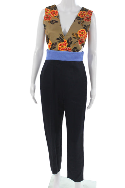 MSGM Women Floral V-Neck Sleeveless Jumpsuit Beige Size 40