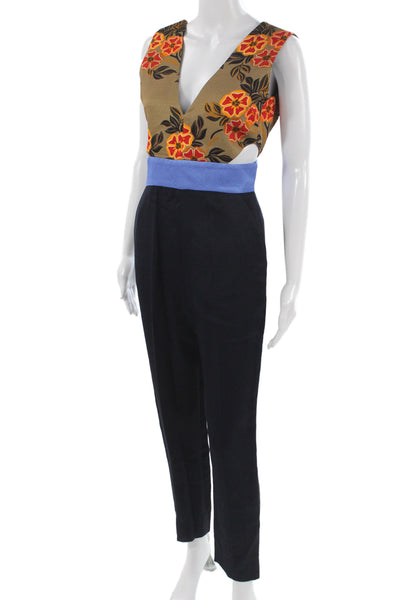 MSGM Women Floral V-Neck Sleeveless Jumpsuit Beige Size 40