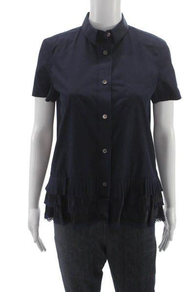 Sacai Womens Collared Short Sleeve Button Up Blouse Dark Blue Size 1