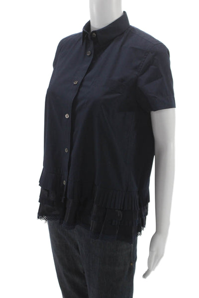 Sacai Womens Collared Short Sleeve Button Up Blouse Dark Blue Size 1