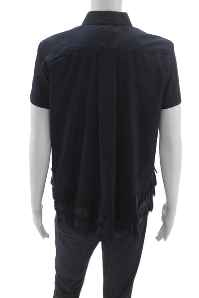 Sacai Womens Collared Short Sleeve Button Up Blouse Dark Blue Size 1