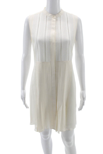 Vince Women Shift Shirt Dress White Silk Mock Neck Button Above Knee Size 4
