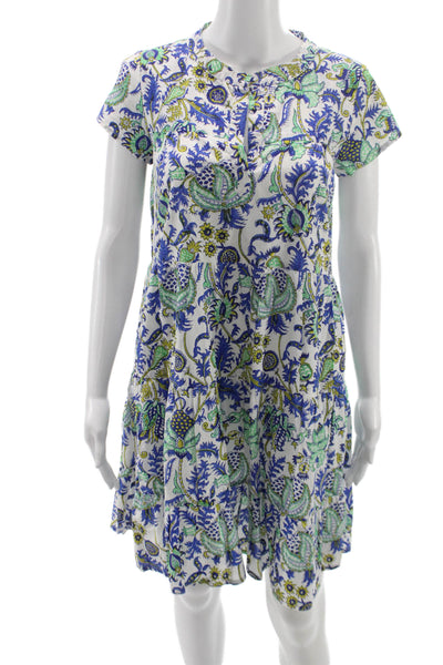 Roller Rabbit Womens Blue Silk Floral Shirt Dress Short Sleeve Mini Size XS