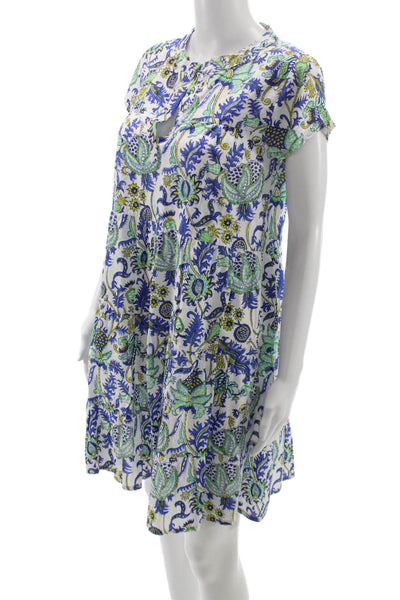 Roller Rabbit Womens Blue Silk Floral Shirt Dress Short Sleeve Mini Size XS