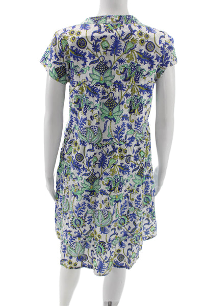 Roller Rabbit Womens Blue Silk Floral Shirt Dress Short Sleeve Mini Size XS