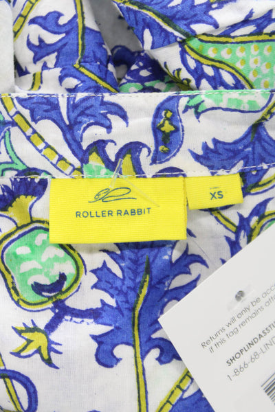 Roller Rabbit Womens Blue Silk Floral Shirt Dress Short Sleeve Mini Size XS