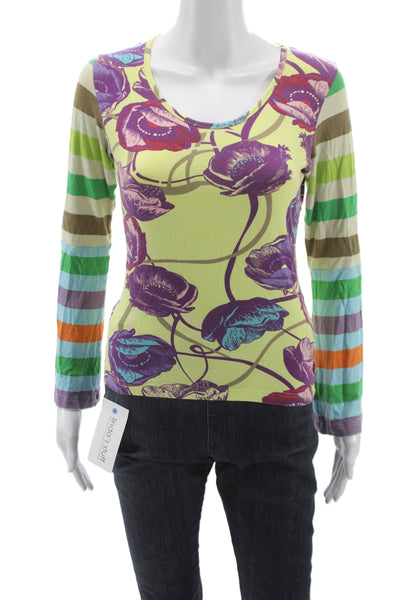 Oilily Women Yellow Floral Striped Jersey T-Shirt Long Sleeve Round Neck Size S