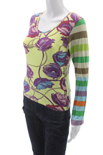 Oilily Women Yellow Floral Striped Jersey T-Shirt Long Sleeve Round Neck Size S