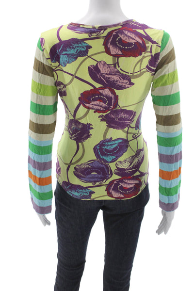 Oilily Women Yellow Floral Striped Jersey T-Shirt Long Sleeve Round Neck Size S