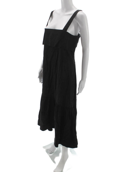 Theory Women Maxi Tank Dress Black Square Neck Linen Blend Size L