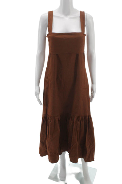 Theory Women Maxi Sundress Brown Square Neck Tie Waist Linen Blend Size L