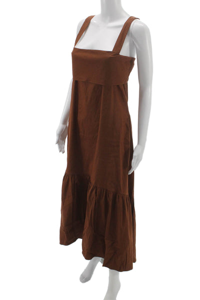 Theory Women Maxi Sundress Brown Square Neck Tie Waist Linen Blend Size L