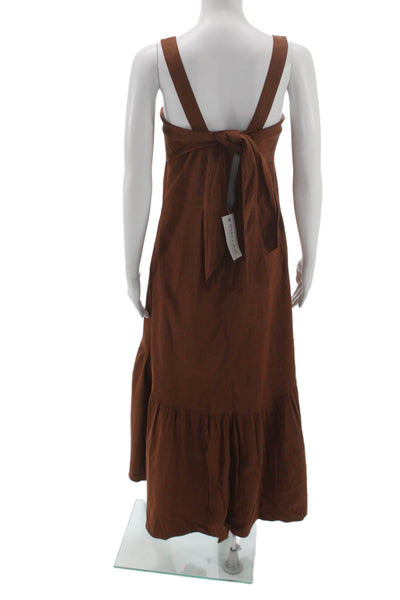 Theory Women Maxi Sundress Brown Square Neck Tie Waist Linen Blend Size L