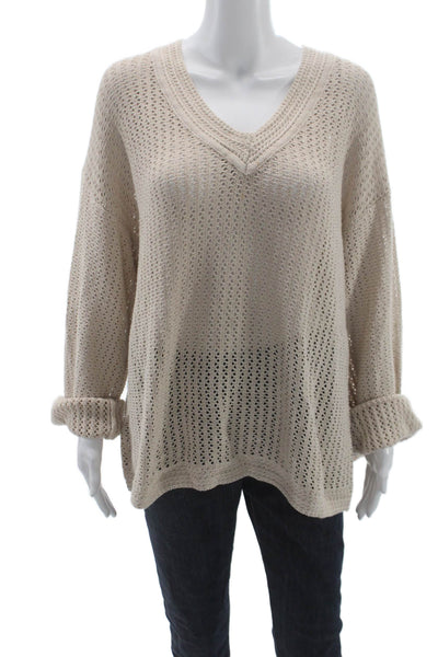 Z Supply Unisex Pullover V-Neck Cotton Long Sleeve Sweater Beige Size M