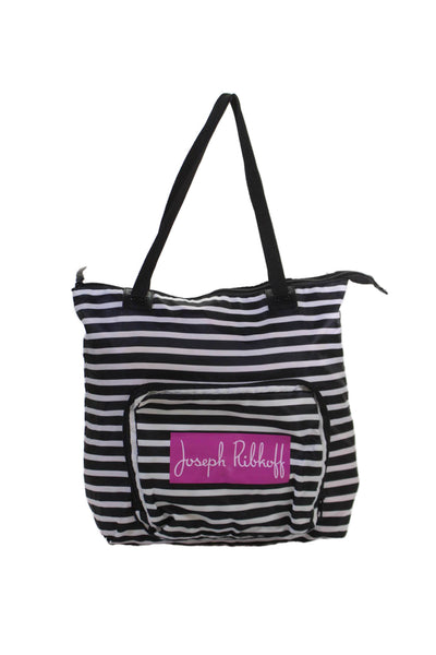 Joseph Ribkoff Womens Double Handle Logo Nylon Striped Tote Handbag Black White