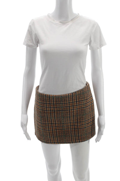 Brandy Melville Womens Mini Straight Pencil Skirt Brown Plaid Polyester Size XS