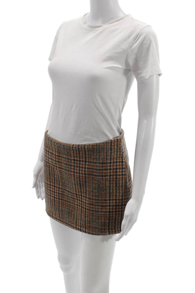Brandy Melville Womens Mini Straight Pencil Skirt Brown Plaid Polyester Size XS