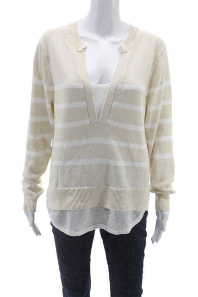 Brochu Walker Unisex Beige Cotton VNeck Striped Longsleeve Pullover Size S