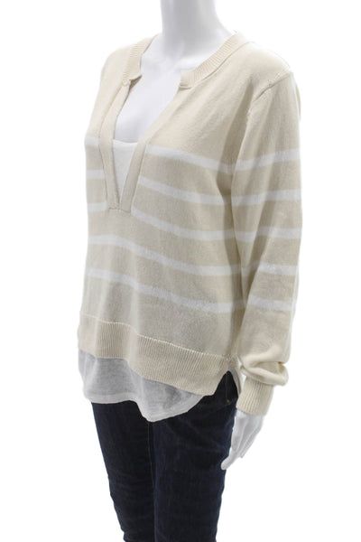 Brochu Walker Unisex Beige Cotton VNeck Striped Longsleeve Pullover Size S