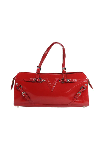Via Spiga Womens Patent Leather Zipper Closure Satchel Shoulder Handbag Red