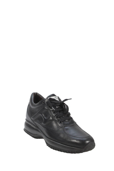 Hogan Mens Leather Lace Up Sneakers Shoes Solid Black Size 10.5