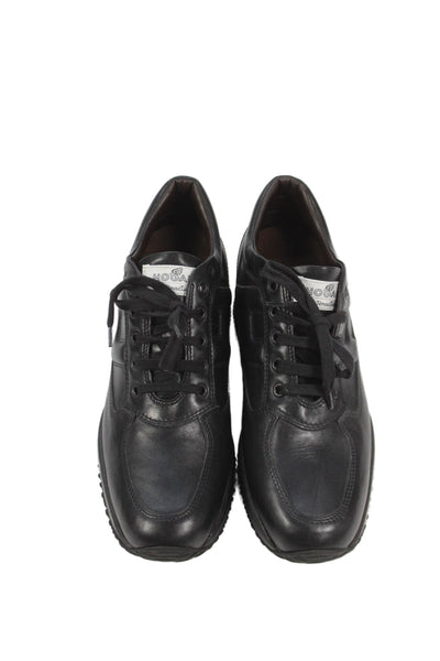 Hogan Mens Leather Lace Up Sneakers Shoes Solid Black Size 10.5