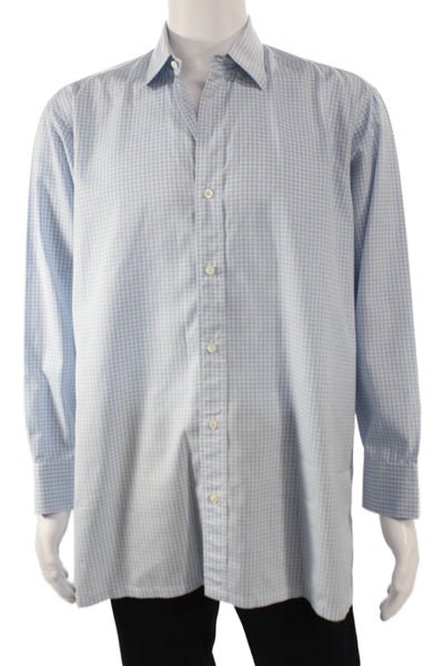 CBarvet Mens Point Collar Check Cotton Long Sleeve Dress Shirt Lt Blue Size M