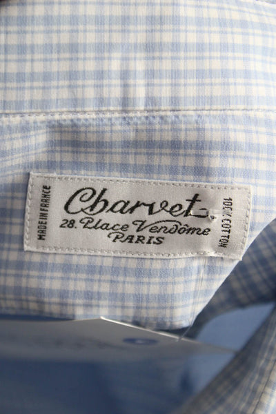CBarvet Mens Point Collar Check Cotton Long Sleeve Dress Shirt Lt Blue Size M
