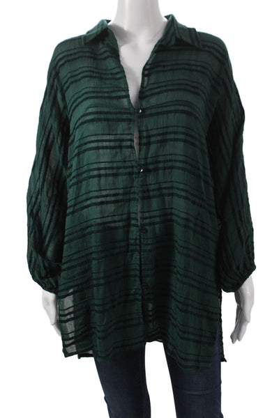 Vix Paula Hermanny Womens Tunic Blouse Striped Green Collared Button Up Size S