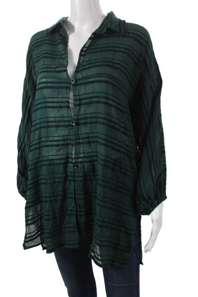 Vix Paula Hermanny Womens Tunic Blouse Striped Green Collared Button Up Size S