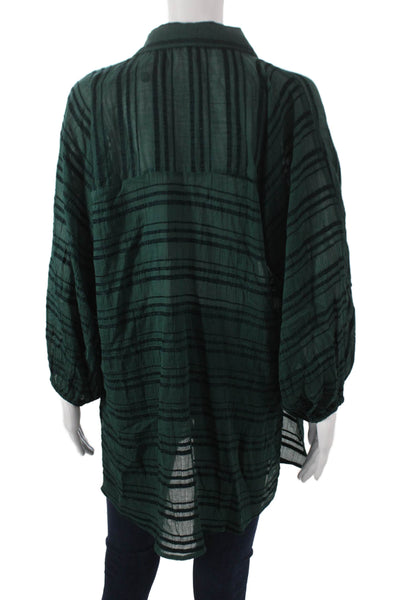 Vix Paula Hermanny Womens Tunic Blouse Striped Green Collared Button Up Size S