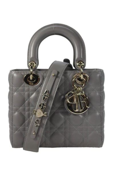 Christian Dior Womens Quilted Lambskin Cannage Lady Dior Tote Handbag Gray