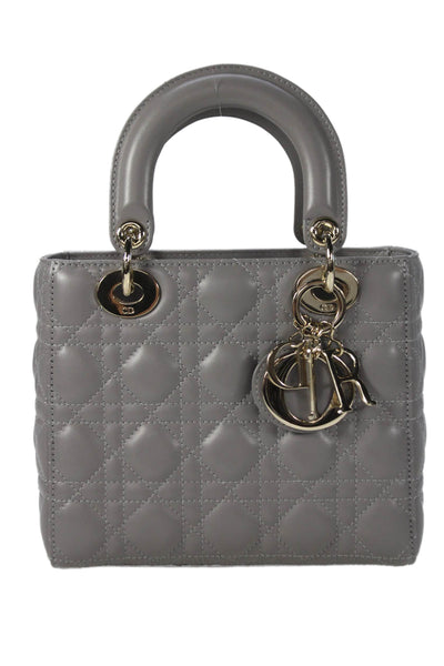 Christian Dior Womens Quilted Lambskin Cannage Lady Dior Tote Handbag Gray