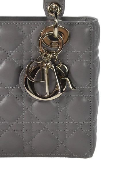 Christian Dior Womens Quilted Lambskin Cannage Lady Dior Tote Handbag Gray