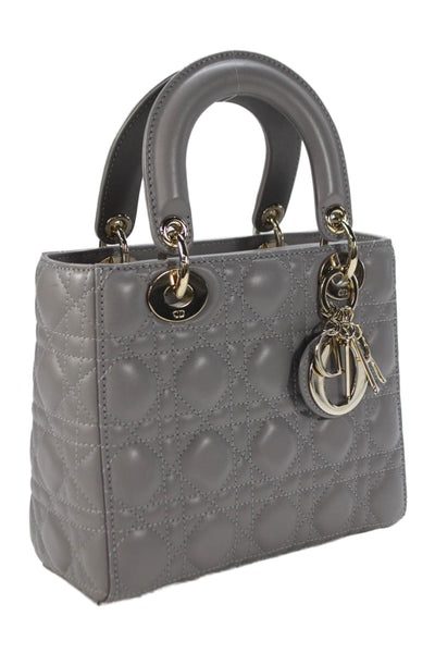 Christian Dior Womens Quilted Lambskin Cannage Lady Dior Tote Handbag Gray